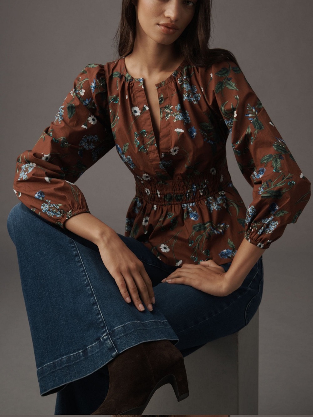 Anthro Somerset Women’s Brown Floral Peasant Top with Smocked Waist, Medium EUC
